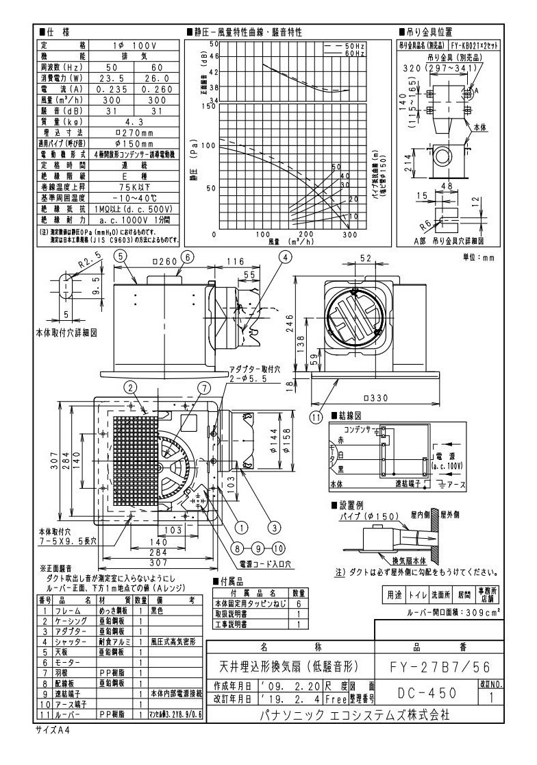 パナソニック XFY-27B7/56 天井埋込形換気扇 ルーバー組合せ品番(樹脂