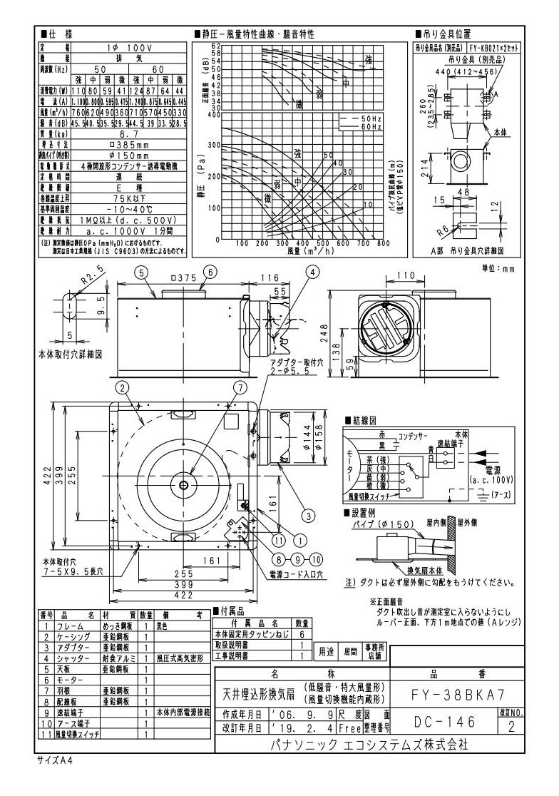 FY-38BKA7 Panasonic 天井埋込形換気扇 ルーバー別売タイプ 風量切替