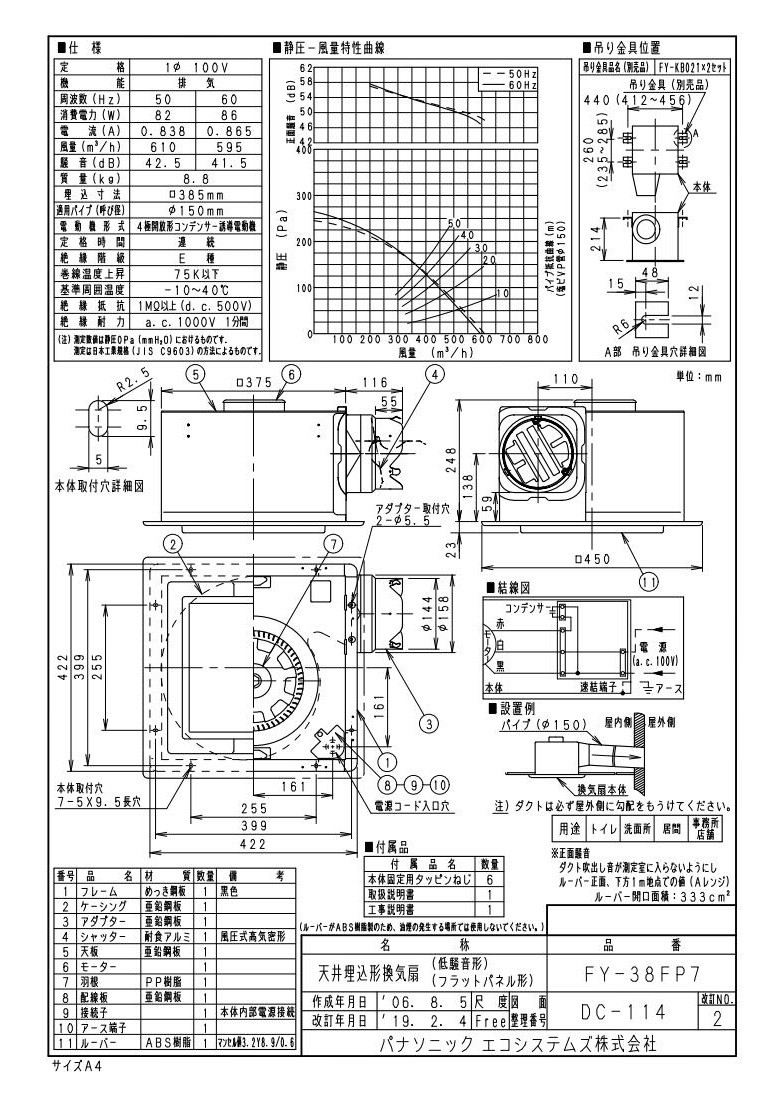 FY-38FP7 Panasonic 天井埋込形換気扇 ルーバーセットタイプ フラット