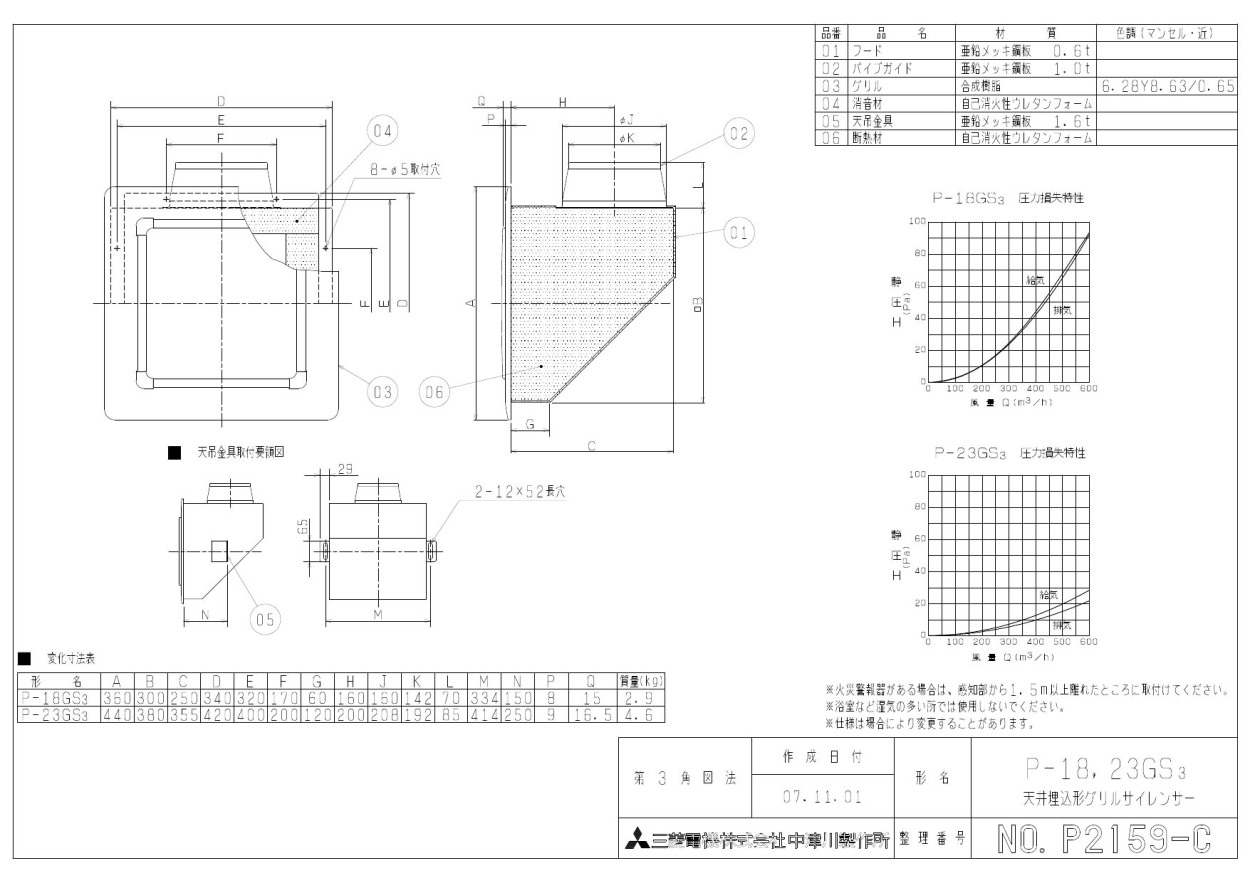 通販即納 P-23GS3 天井埋込形グリルサイレンサー 三菱電機 ダクト用