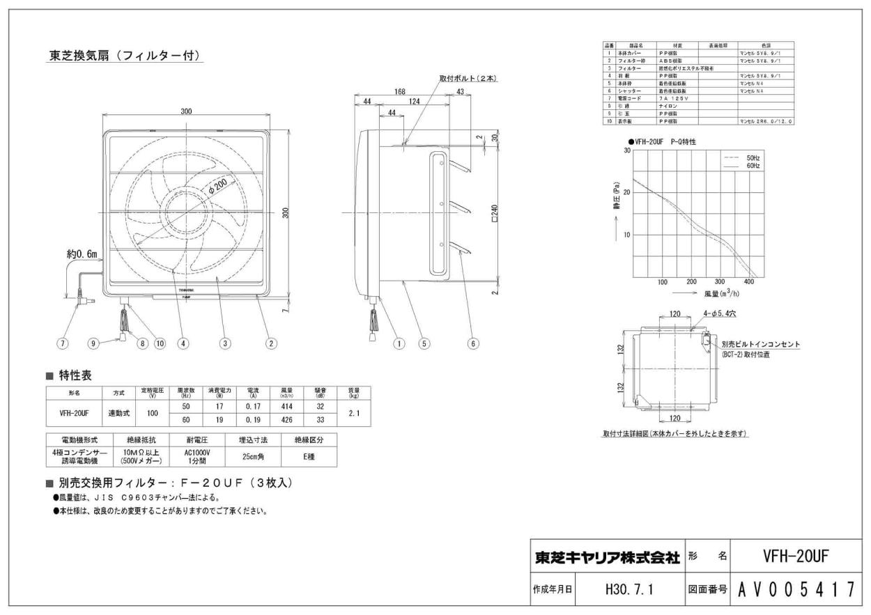 シャッター VFH-20UF 東芝 一般換気扇 交換式フィルター換気扇 連動式シャッター 静カメ 20cm