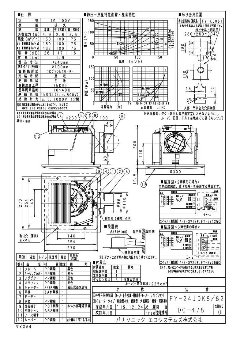 XFY-24JDK8/82 Panasonic 天井埋込形換気扇 ＜DCモーター＞ ルーバー付