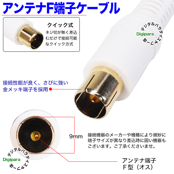 白いアンテナケーブル1.5m F端子(オス)⇔F端子(オス) 長さ：約1.5m 地上・BS・ＣＳデジタル放送対応 4K対応 取付簡単クイック式  Zuun FQzc15 :ZUUN-FQzc15:デジタルパラダイス - 通販 - Yahoo!ショッピング