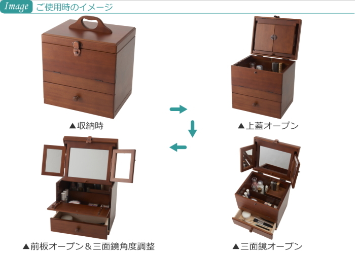 木製 コスメボックス 三面鏡 持ち運び 鏡付き 化粧ボックス メイク