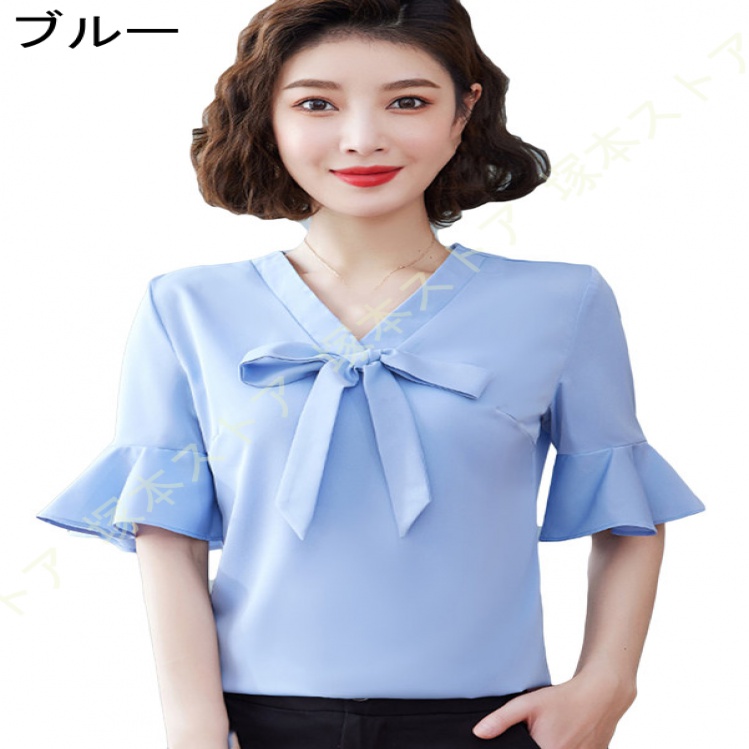 レディース 無地 半袖 ブラウス 蝶結び フレア袖 夏 シフォン シャツ 無地 ゆったり 着痩せ カットソー トップス 夏 カジュアル 通勤 オフィス風 ワイシャツ |  | 01
