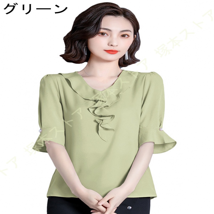 レディース 無地 半袖 ブラウス 蝶結び フレア袖 夏 シフォン シャツ 無地 ゆったり 着痩せ カットソー トップス 夏 カジュアル 通勤 オフィス風 ワイシャツ |  | 02