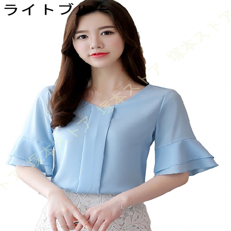 レディース 無地 半袖 ブラウス 蝶結び フレア袖 夏 シフォン シャツ 無地 ゆったり 着痩せ カットソー トップス 夏 カジュアル 通勤 オフィス風 ワイシャツ |  | 03