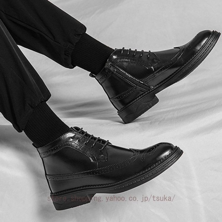 ウィングチップ ショートブーツ サイドジップ メンズブーツ ビジネス
