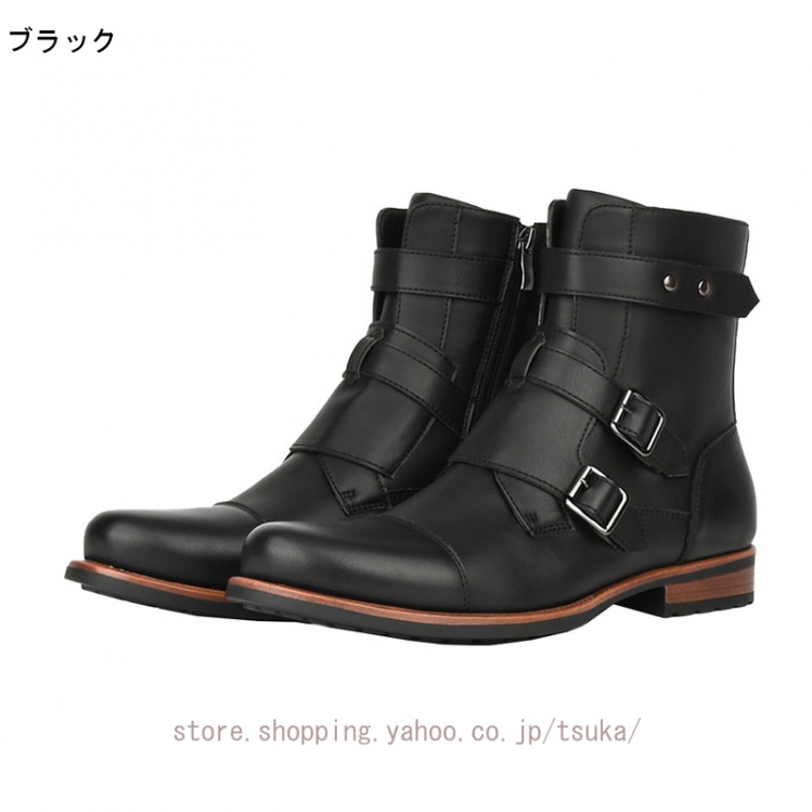 ブーツ メンズ エンジニア サイドジップ ショートブーツ 黒 レザー 本