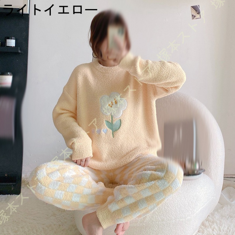 ルームウェア パジャマ レディース モコモコ 長袖 秋 冬 上下セット 可愛い 裏起毛 寝巻き セットアップ プルオーバー トップス ロングパンツ ゆったり 快適_1
