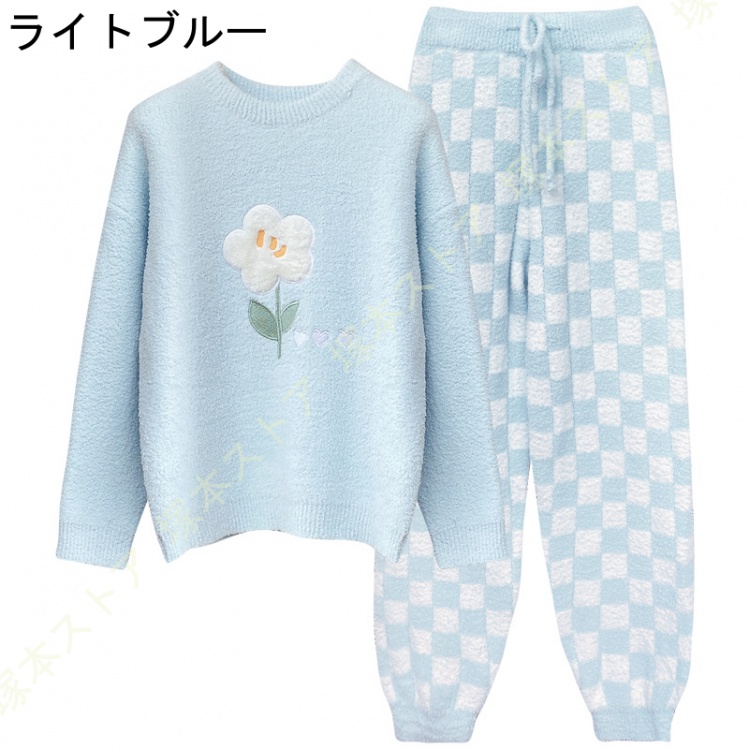 ルームウェア パジャマ レディース モコモコ 長袖 秋 冬 上下セット 可愛い 裏起毛 寝巻き セットアップ プルオーバー トップス ロングパンツ ゆったり 快適_2