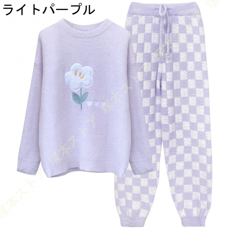 ルームウェア パジャマ レディース モコモコ 長袖 秋 冬 上下セット 可愛い 裏起毛 寝巻き セットアップ プルオーバー トップス ロングパンツ ゆったり 快適_3
