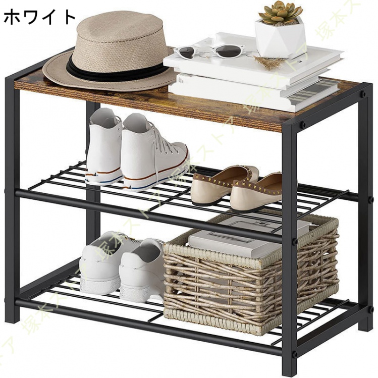 シューズラック 玄関ベンチ 3段 幅59cm×30cm 高さ43cm シューズ収納 シューズラック 玄関収納 靴箱 下駄箱 靴収納 オープンラック おしゃれ 収納棚 収納 木目の画像