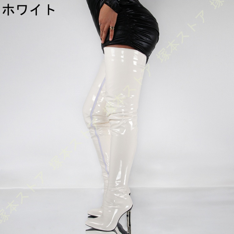 【関税込み】ALL-IN ホワイト Level Thigh Soft ロングブーツ レザー調異Vカットチャンキーロングブーツ 女性 レディース[品番