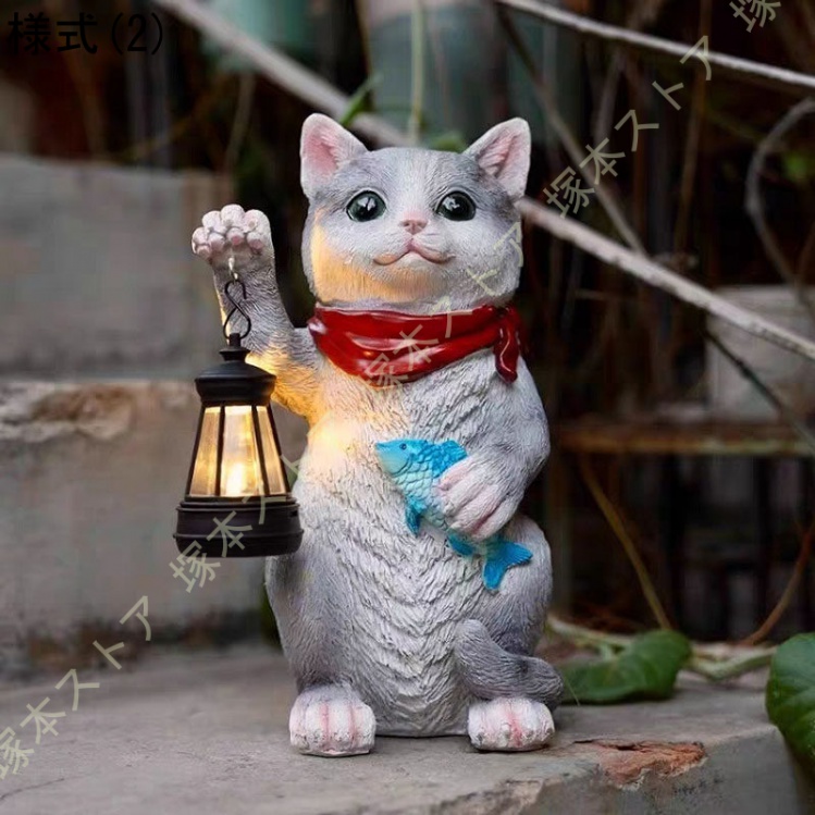 猫 置物 LEDライト ソーラー猫の飾り 屋外 アニマル 樹脂 庭の装飾