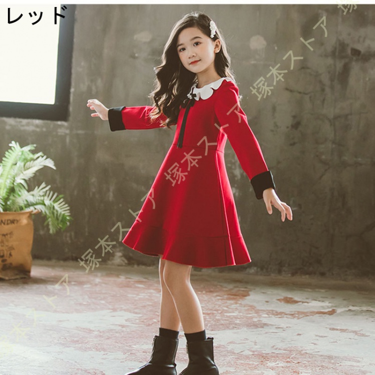 子供服 長袖ワンピース 子供 女の子 ワンピース 長袖 キッズ ナチュラル ガーリー シック ロリータ クルーネック ミモレ丈 フリル Aライン 黒 赤 リボン付きの画像