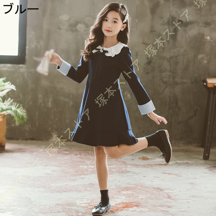 子供服 長袖ワンピース 子供 女の子 ワンピース 長袖 キッズ ナチュラル ガーリー シック ロリータ クルーネック ミモレ丈 フリル Aライン 黒 赤 リボン付きの画像