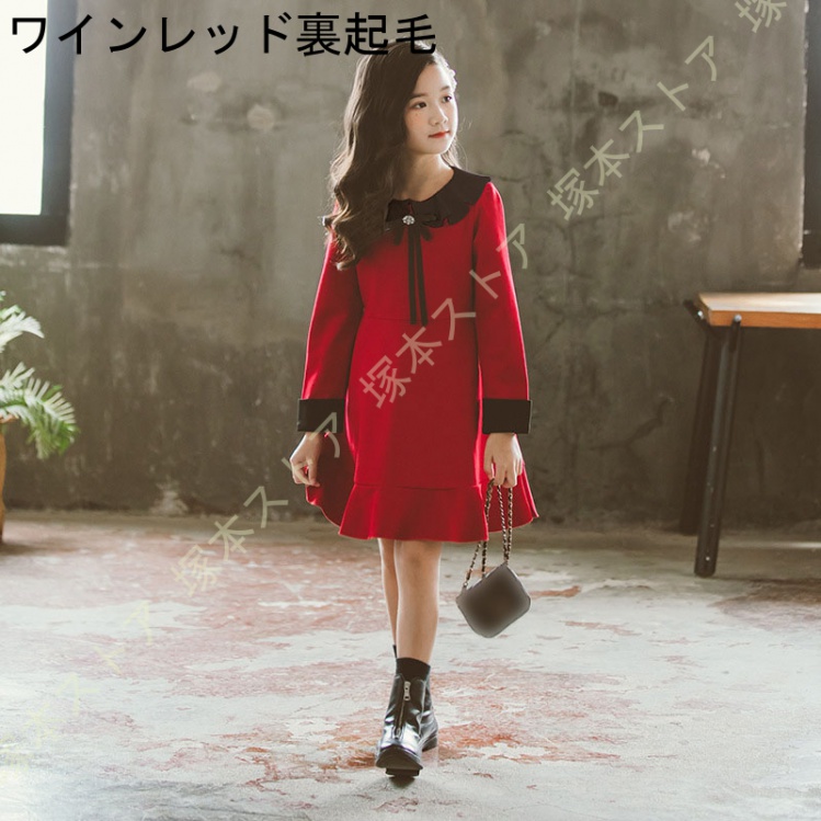 子供服 長袖ワンピース 子供 女の子 ワンピース 長袖 キッズ ナチュラル ガーリー シック ロリータ クルーネック ミモレ丈 フリル Aライン 黒 赤 リボン付きの画像
