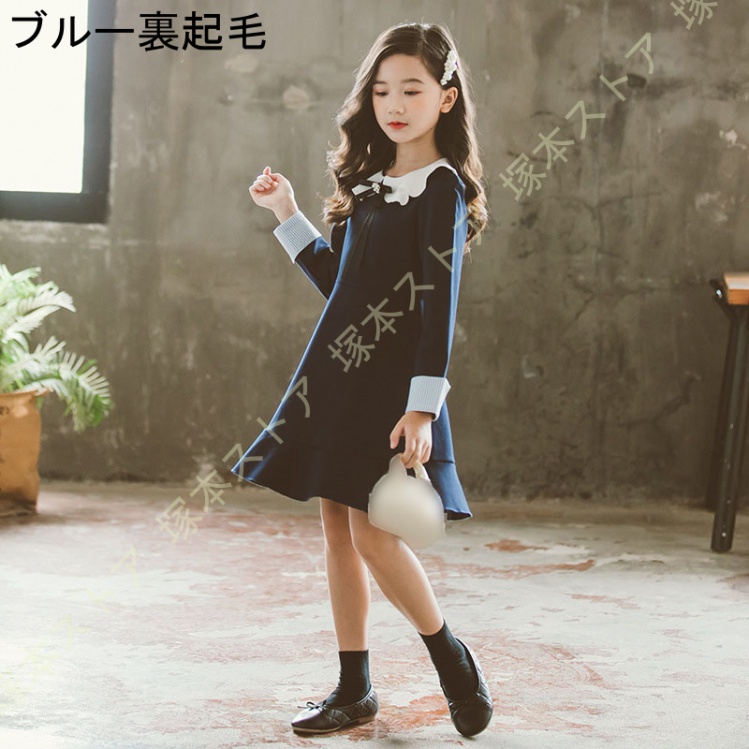 子供服 長袖ワンピース 子供 女の子 ワンピース 長袖 キッズ ナチュラル ガーリー シック ロリータ クルーネック ミモレ丈 フリル Aライン 黒 赤 リボン付きの画像