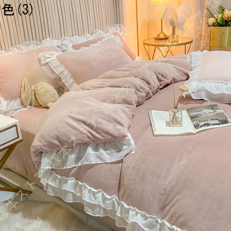 掛け布団カバー フランネル 暖かい あったか ふわふわな肌触り かわいい 洗える 軽量 無地 布団カバー 4点セット フリル付き 3点セット 静電気防止 レース付き_3