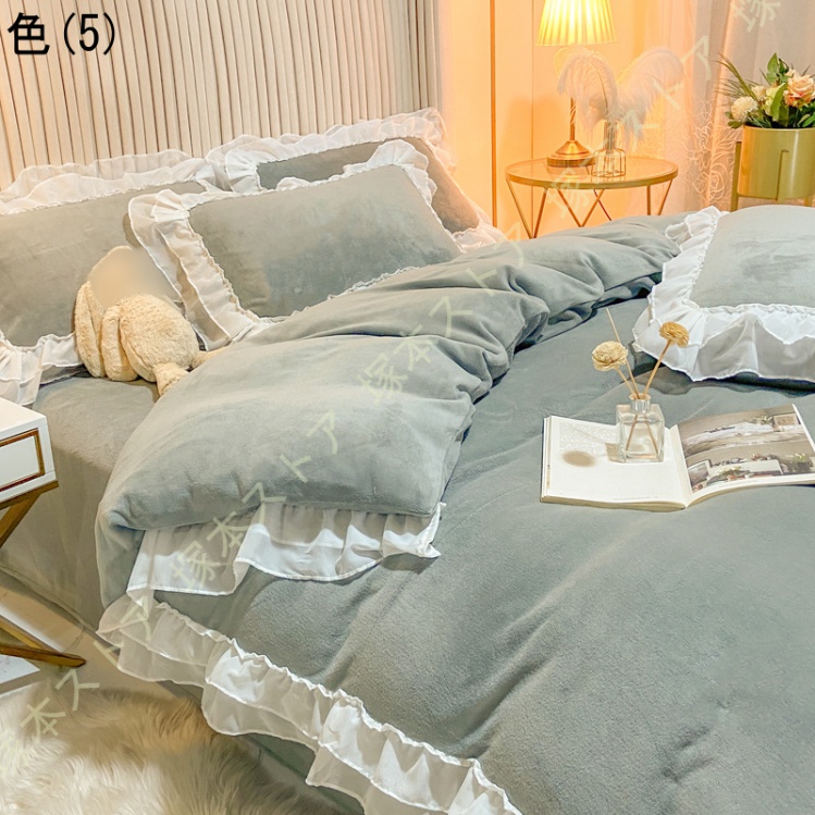 掛け布団カバー フランネル 暖かい あったか ふわふわな肌触り かわいい 洗える 軽量 無地 布団カバー 4点セット フリル付き 3点セット 静電気防止 レース付き_5