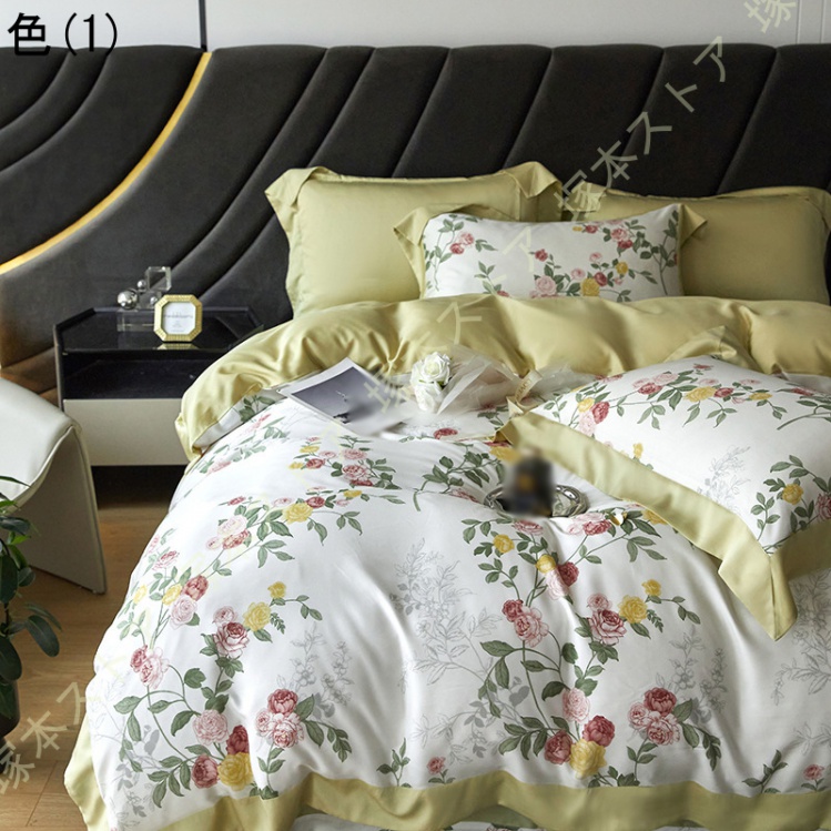 寝具カバーセット 4点セット 掛け布団カバーフリル付き プリント 姫系 接触冷感 肌触り良い 春夏 模造シルク フラットシーツ 枕カバー 寝具カバー クイーン_1
