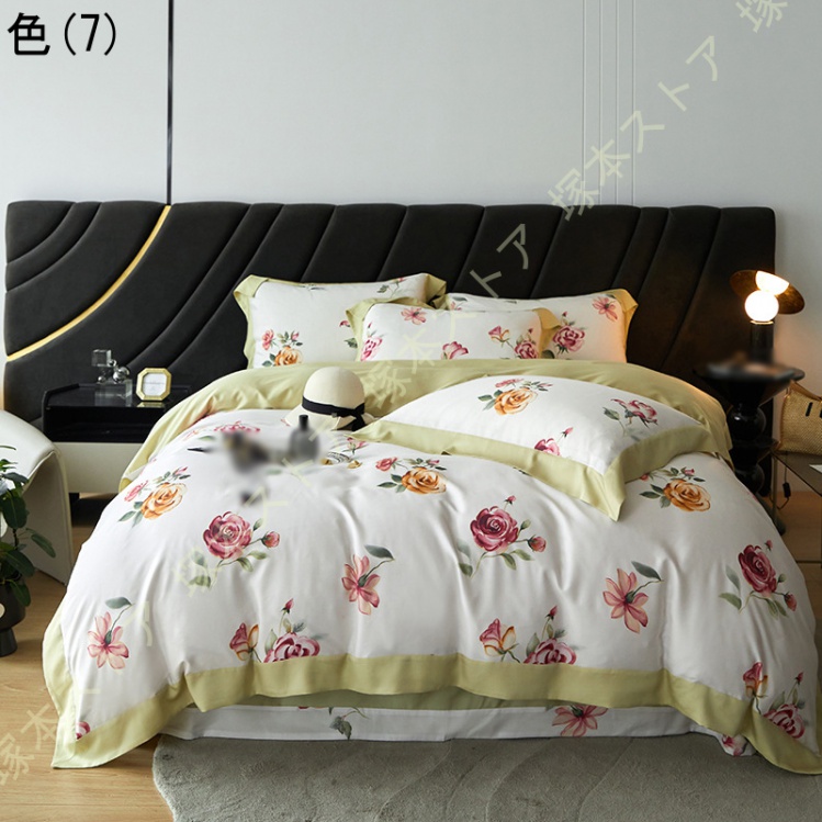 寝具カバーセット 4点セット 掛け布団カバーフリル付き プリント 姫系 接触冷感 肌触り良い 春夏 模造シルク フラットシーツ 枕カバー 寝具カバー クイーン_7