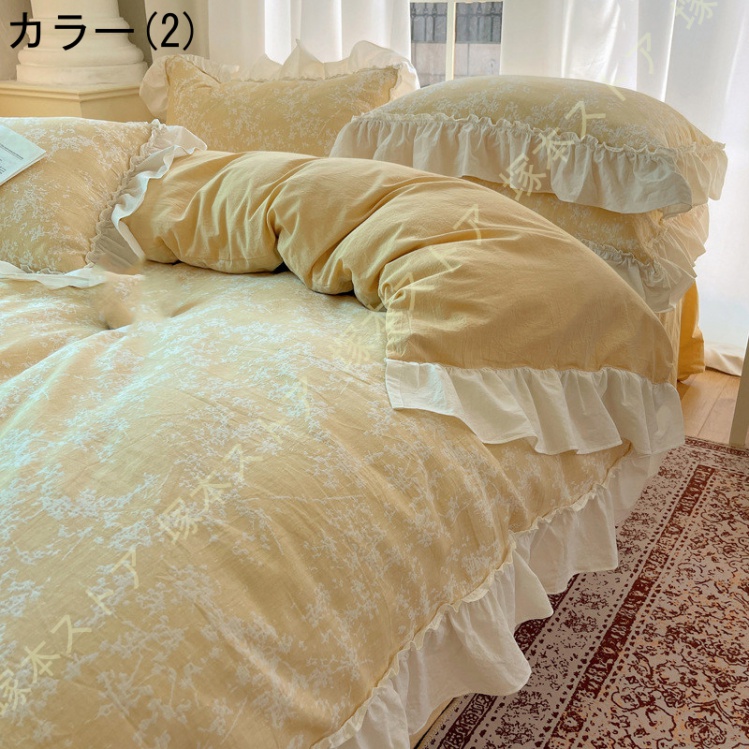 姫系 掛け布団カバー 4点セット フリル 寝具カバーセット 綿100％ かわいい ベッドカバー 敷き布団カバー ホテル おしゃれ 止め紐付き 肌に優しい 北欧 花柄_2