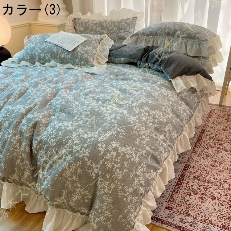 姫系 掛け布団カバー 4点セット フリル 寝具カバーセット 綿100％ かわいい ベッドカバー 敷き布団カバー ホテル おしゃれ 止め紐付き 肌に優しい 北欧 花柄_3