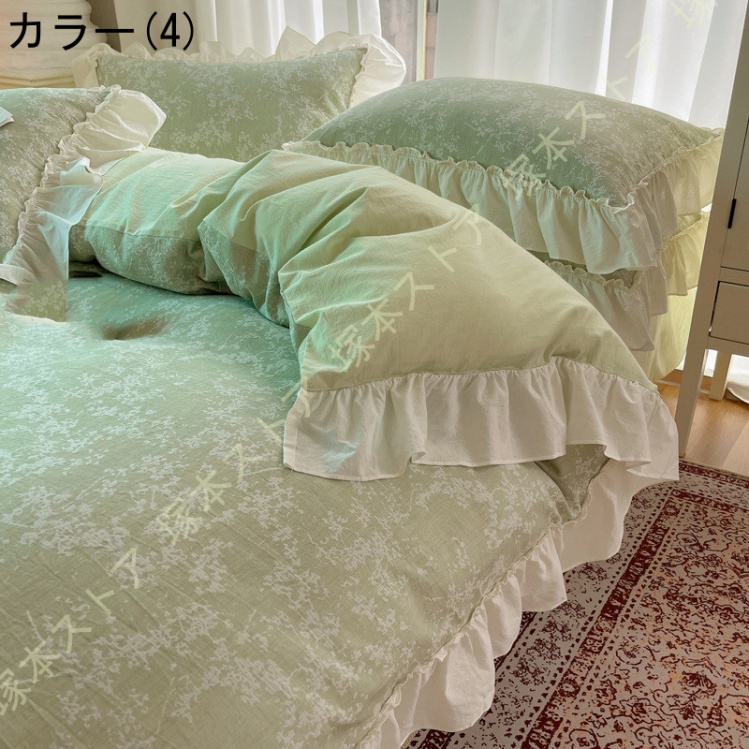 姫系 掛け布団カバー 4点セット フリル 寝具カバーセット 綿100％ かわいい ベッドカバー 敷き布団カバー ホテル おしゃれ 止め紐付き 肌に優しい 北欧 花柄_4