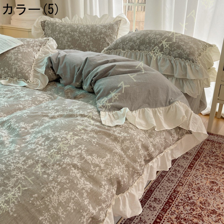 姫系 掛け布団カバー 4点セット フリル 寝具カバーセット 綿100％ かわいい ベッドカバー 敷き布団カバー ホテル おしゃれ 止め紐付き 肌に優しい 北欧 花柄_5