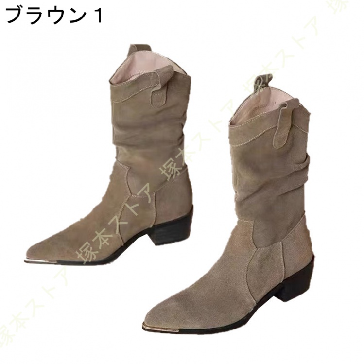 大きいサイズ ウェスタンブーツ レディース ミドル丈 アーモンドトゥ 黒 ブラウン キャメル ハイヒール ミドルブーツ 6cmヒール ラウンドトゥ くしゅくしゅ |  | 04