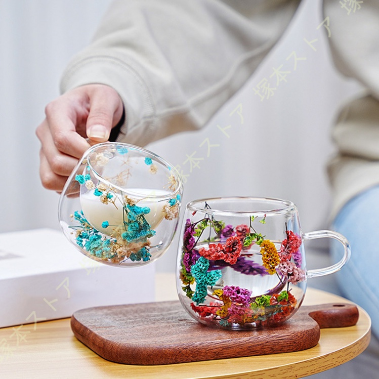 モダン ダブルウォールグラス カップ かわいい 花模様 結婚祝い ギフト