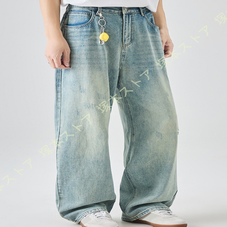 バギーデニム メンズ ジーンズ ストレート ウォッシュ加工 デニム