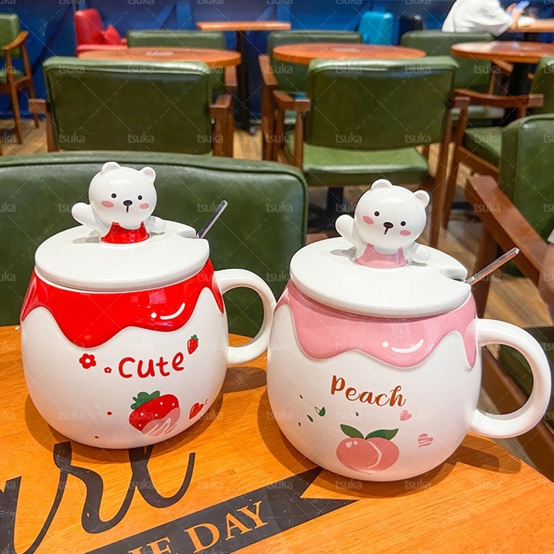 可愛い マグカップ マグカップ 蓋付き マグカップ 大きい 600ml かわいいクマ コーヒーカップ ティーカップ 陶器 レンジ可 食器 コーヒー  コップ 北欧 陶器製