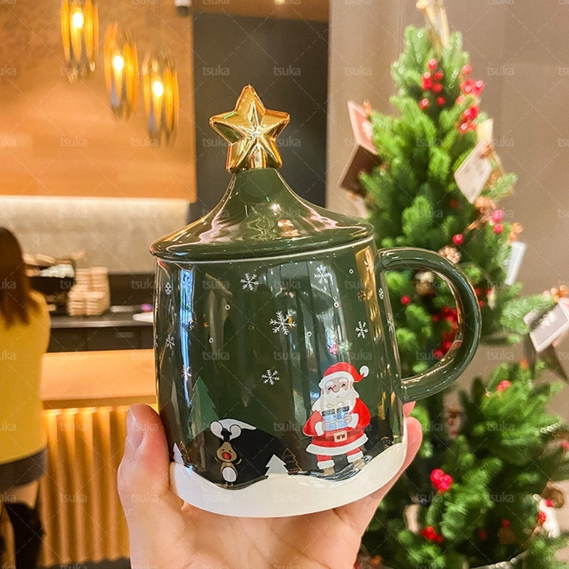 マグカップ 蓋付き マグカップ クリスマス コップ サンタクロースティーカップ ミルクコーヒーカップ 個性的 可愛いマグカップ セラミック 陶器 大人  ホーム