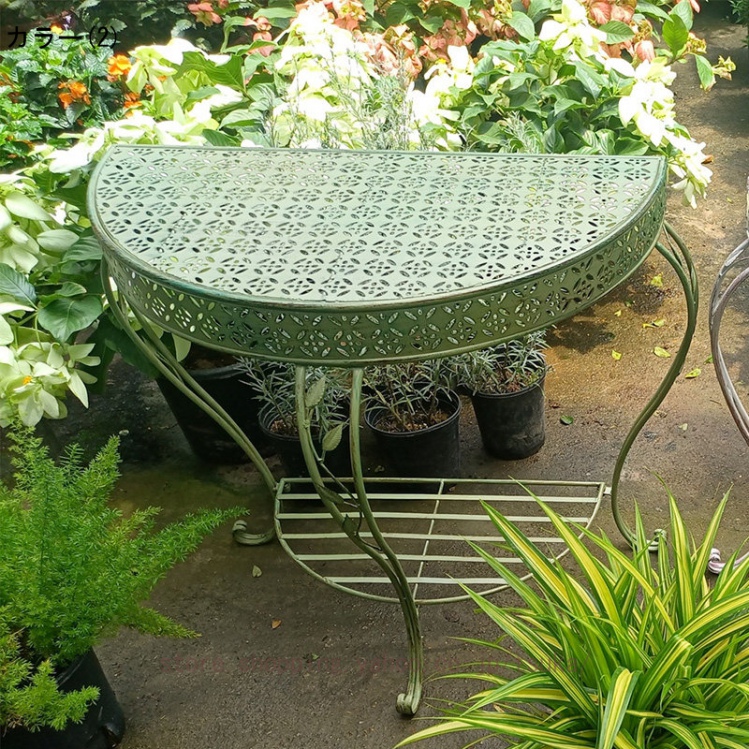 花台 屋外 室内用 観葉植物 盆栽棚 耐久 屋外用 ハーフムーン パティオ2段 アイアン ハーフラウンド ガーデンポーチテーブル アンティーク 全天候型_2
