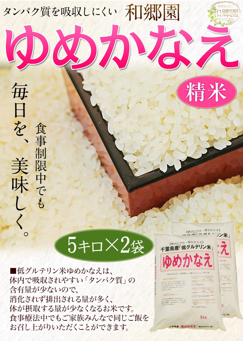 お米 米 10kg 送料無料 千葉県産 和郷園の低グルテリン米 低たんぱく米 ゆめかなえ 精米 令和2年度産米 5kg×2袋 白米 ご飯 :  202z03842 : 豊洲からの直送便 ヤフー店 - 通販 - Yahoo!ショッピング