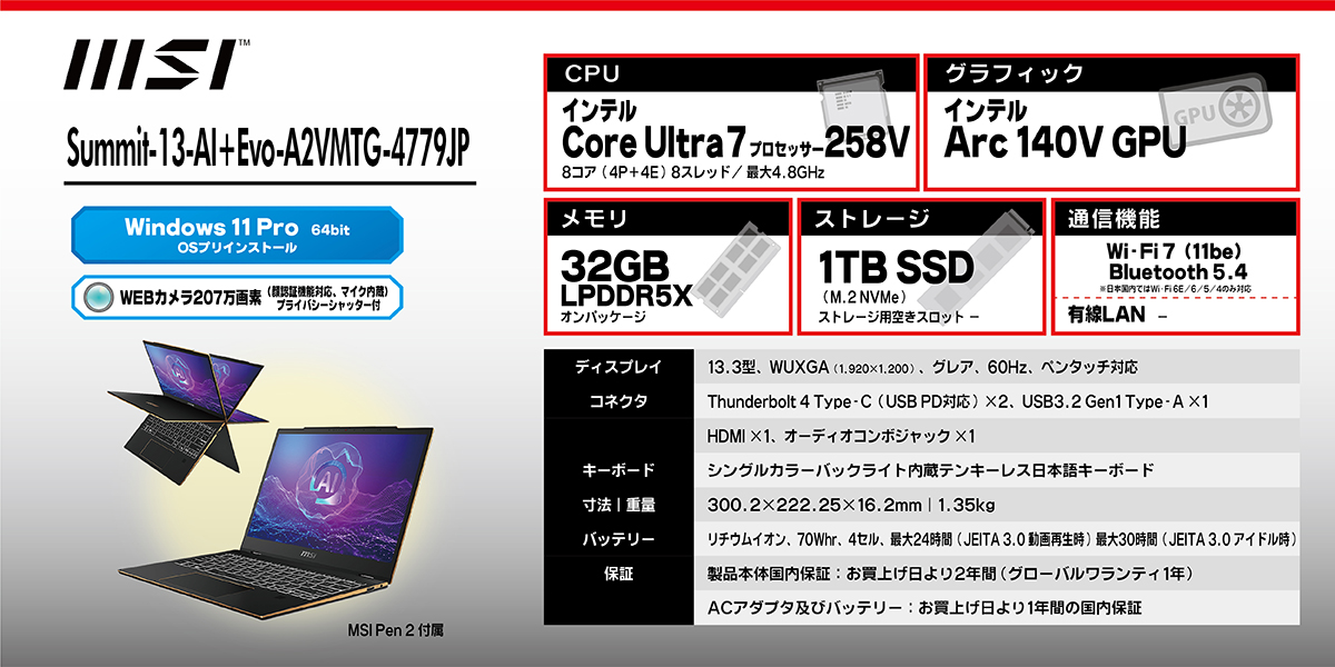 ノートPC Summit-13-AI+Evo-A2VMTG-4779JP [13.3型 /Core Ultra