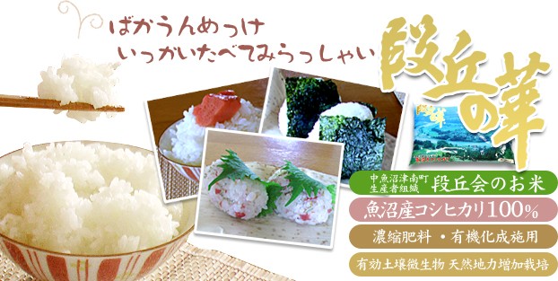 ばかうんめっけいっかいたべてみらっしゃい 段丘の華 中魚沼郡津南町生産者組織 段丘会のお米、魚沼産コシヒカリ100%、濃縮肥料・有機化成施用、有効土壌微生物 天然地力増加栽培
