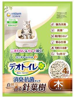 ユニチャーム  ペットケア デオトイレ 針葉樹の消臭・抗菌チップ (4L) 猫用トイレ砂 猫砂｜tsuruha