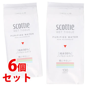 《セット販売》　日本製紙 スコッティ ウェットティシュー 純水99％ つめかえ用 (130枚)×6個セット 詰め替え用 ウェットティッシュ｜tsuruha