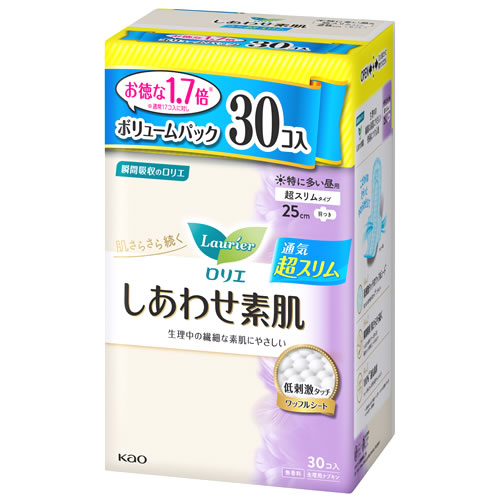 花王 ロリエ しあわせ素肌 ボリュームパック 通気超スリム 特に多い昼用 25cm 羽つき (30個) 生理用ナプキン 備蓄　医薬部外品 | ブランド登録なし