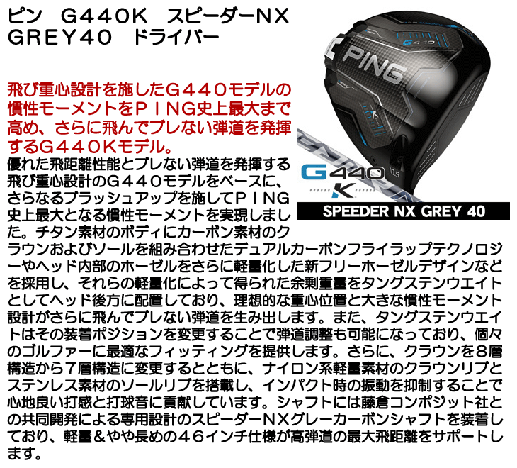 PING（ピン） PING G440 K ドライバー スピーダーNX GREY 40 右利き用
