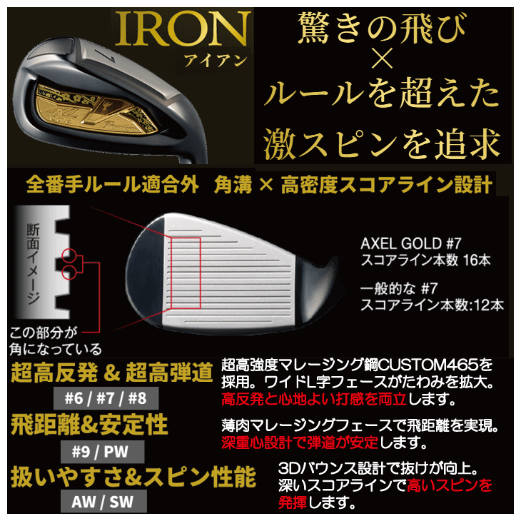 予約受付中 アクセル ゴールドプレミアム7 アイアン 単品 （#6/AW/SW