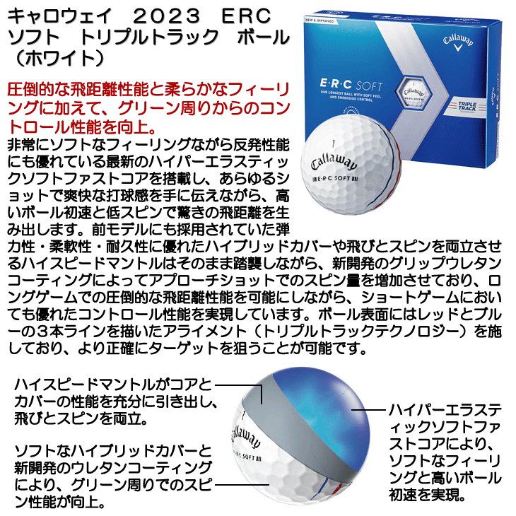 キャロウェイ　２０２３　ＥＲＣ　ソフト　トリプルトラック　ボール　（ホワイト）　［１ダース］