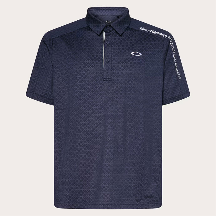 Oakley - 【超美品】オークリー 半袖ハイネックシャツ ネイビー×白 総柄 凹凸生地 ティー装着可  メンズ XL ゴルフウェア 2024年モデル Oakley 超美品】オークリー 半袖ハイネックシャツ ネイビー×白 総柄