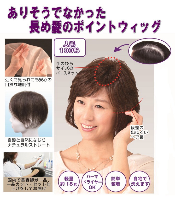返品可能 人毛100％ 快適分け目 ヘアピース セミロングタイプ 女性