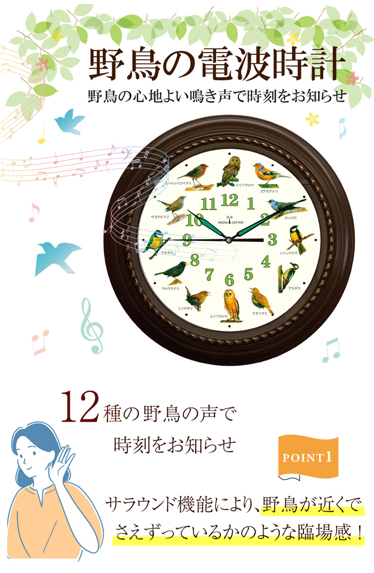野鳥の電波掛時計 鳥の鳴き声掛時計 12種類の鳥のさえずり 直径40cm｜tsuten2｜02