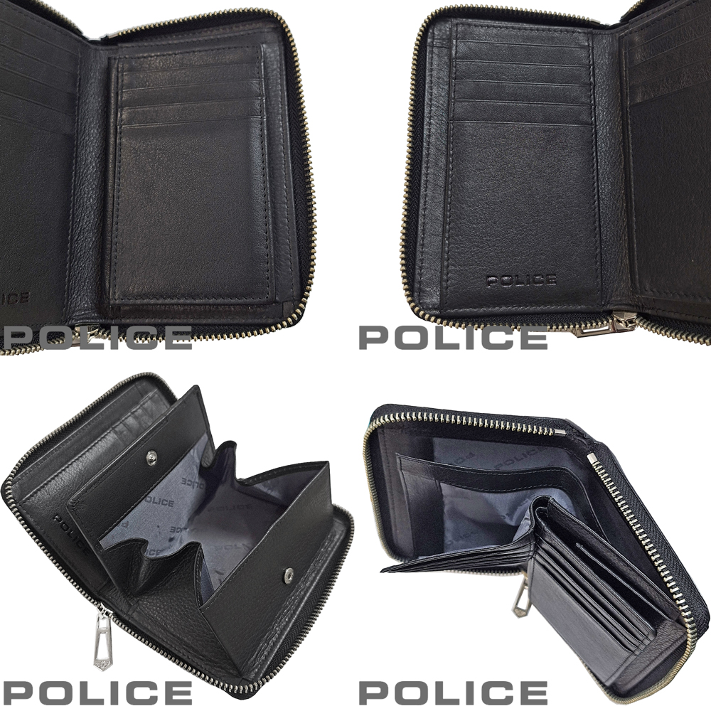 POLICE（ポリス） 財布 折り財布 ラウンドZIP レザー ブラック 縦型